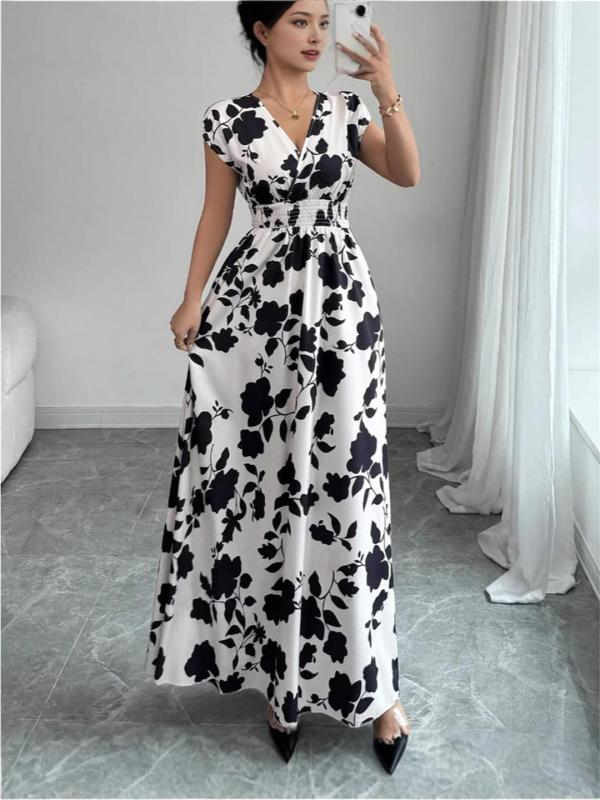 White-Black Printing V Neck Pleated Waist Vacation Summer Slim Fit Floral Maxi Dress 002