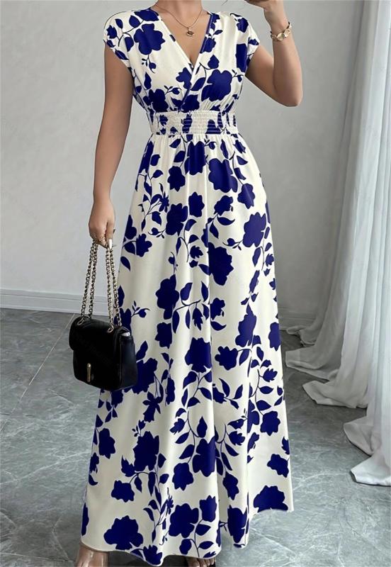White-Blue Printing V Neck Pleated Waist Vacation Summer Slim Fit Floral Maxi Dress
