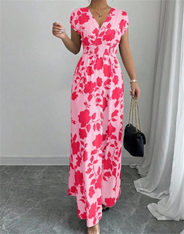 Pink Printing V Neck Pleated Waist Vacation Summer Slim Fit Floral Maxi Dress