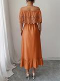 Orange Off Shoulder Lace Crochet Slim Fit Pleated Women Party Formal Midi Dress
