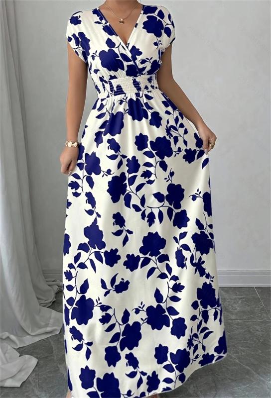 White-Blue Printing V Neck Pleated Waist Vacation Summer Slim Fit Floral Maxi Dress