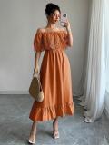 Orange Off Shoulder Lace Crochet Slim Fit Pleated Women Party Formal Midi Dress