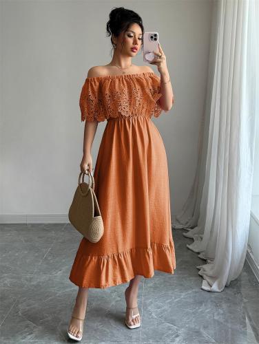 Orange Off Shoulder Lace Crochet Slim Fit Pleated Women Party Formal Midi Dress