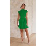 Green High Neck Cut Out Waist Pleated Women Fashion Street Wear Dress