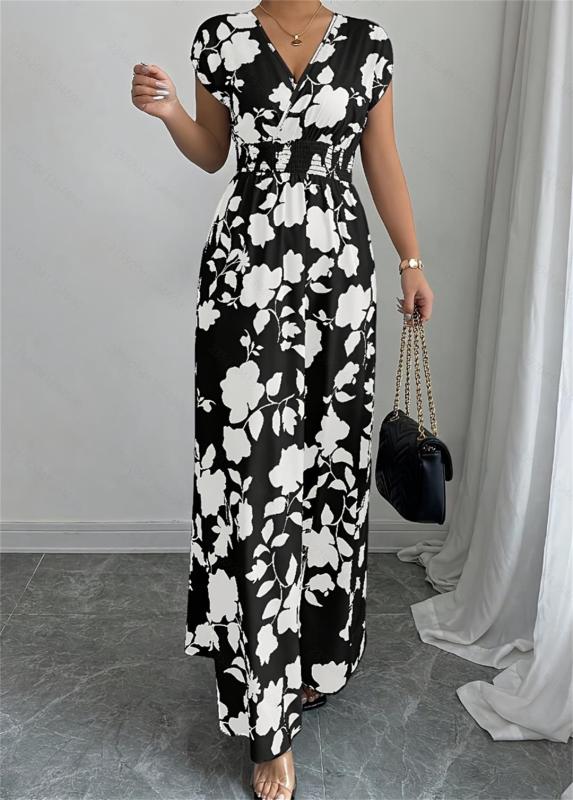 Black Printing V Neck Pleated Waist Vacation Summer Slim Fit Floral Maxi Dress