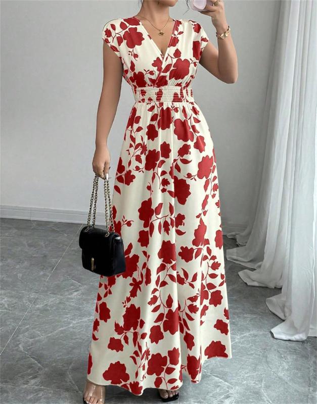 Red Printing V Neck Pleated Waist Vacation Summer Slim Fit Floral Maxi Dress