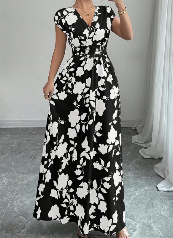 Black Printing V Neck Pleated Waist Vacation Summer Slim Fit Floral Maxi Dress