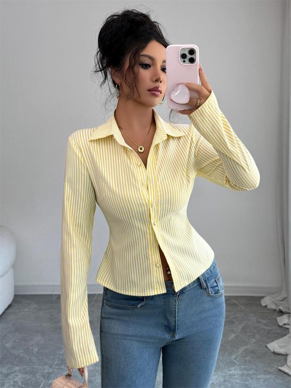 Yellow Striped Long Sleeve Single Breasted Casual Women's Fashion T-Skirt