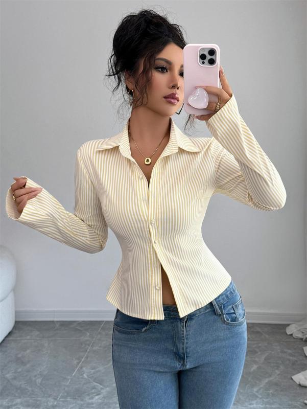 Beige Striped Long Sleeve Single Breasted Casual Women's Fashion T-Skirt 004