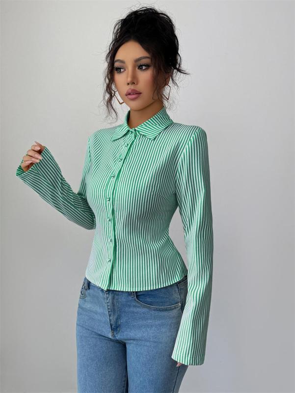 Green Striped Long Sleeve Single Breasted Casual Women's Fashion T-Skirt