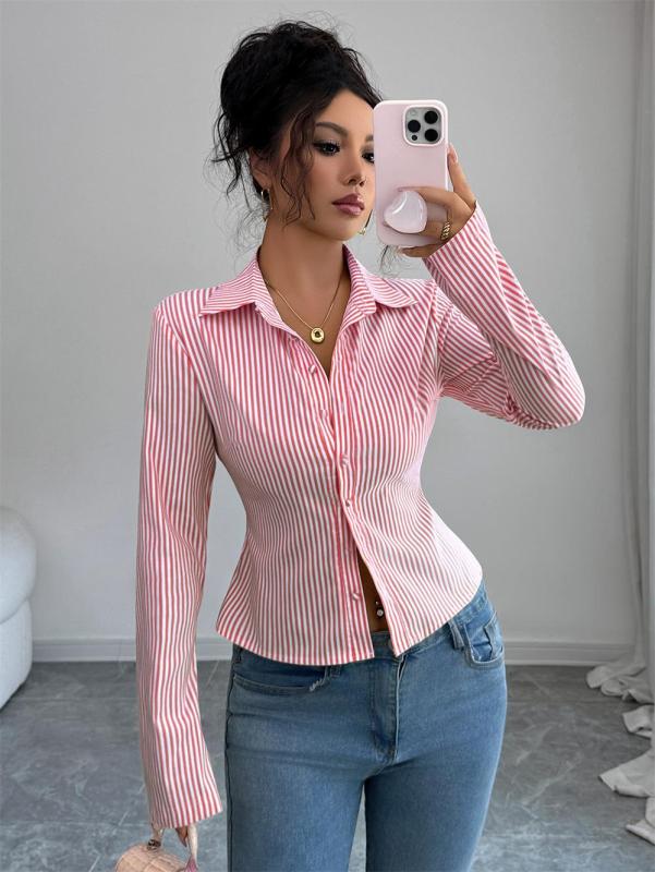 Red Striped Long Sleeve Single Breasted Casual Women's Fashion T-Skirt