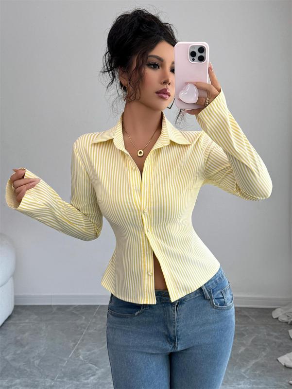Yellow Striped Long Sleeve Single Breasted Casual Women's Fashion T-Skirt