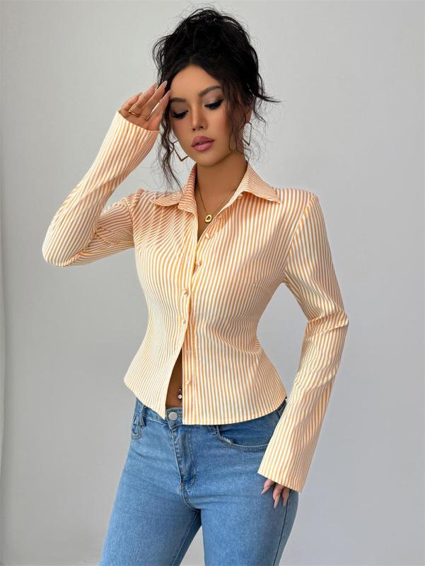 Orange Striped Long Sleeve Single Breasted Casual Women's Fashion T-Skirt