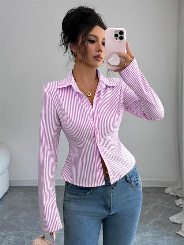 Pink Striped Long Sleeve Single Breasted Casual Women's Fashion T-Skirt