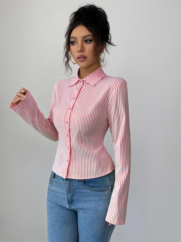 Red Striped Long Sleeve Single Breasted Casual Women's Fashion T-Skirt