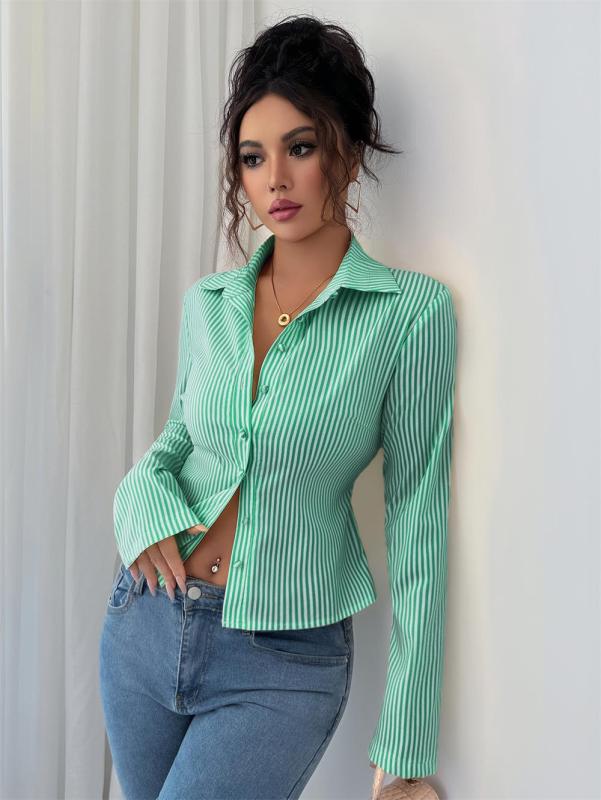 Green Striped Long Sleeve Single Breasted Casual Women's Fashion T-Skirt