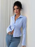 Blue Striped Long Sleeve Single Breasted Casual Women's Fashion T-Skirt
