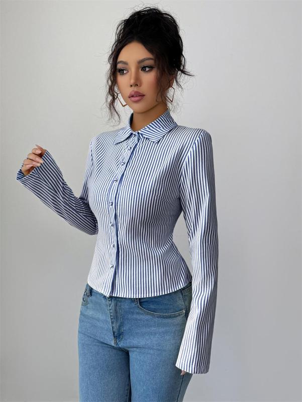 Royal Blue Striped Long Sleeve Single Breasted Casual Women's Fashion T-Skirt