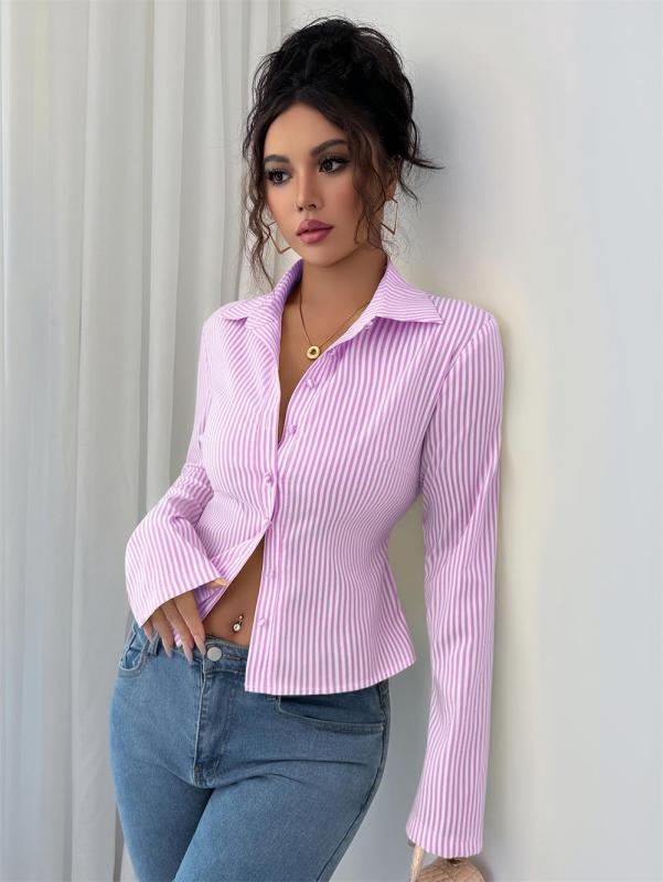 Pink Striped Long Sleeve Single Breasted Casual Women's Fashion T-Skirt