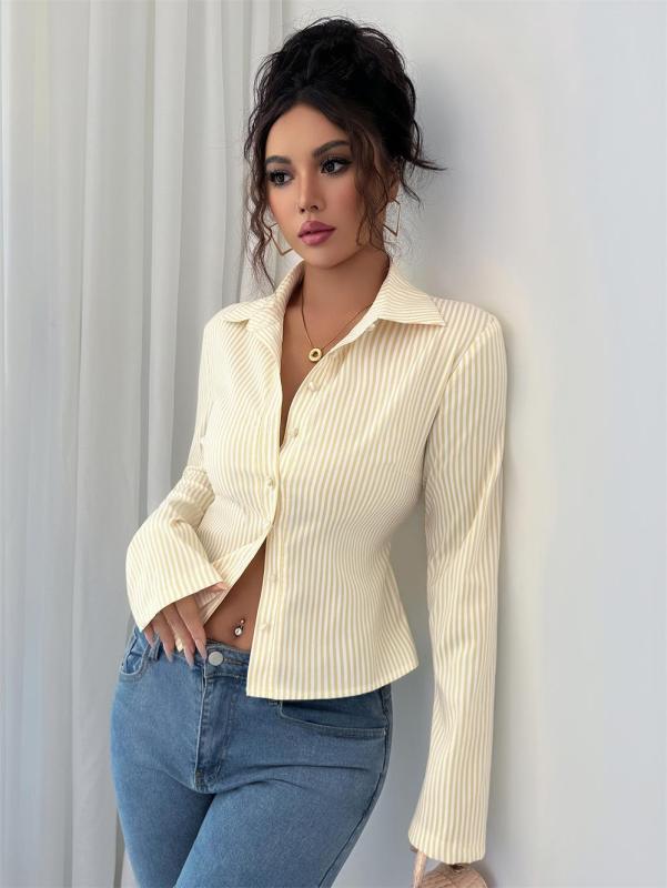 Beige Striped Long Sleeve Single Breasted Casual Women's Fashion T-Skirt 004