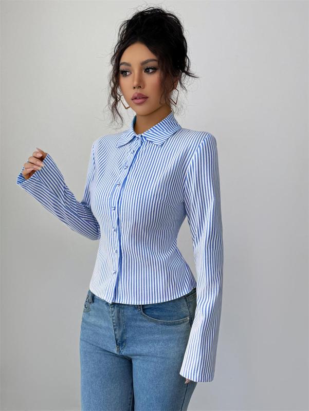 Blue Striped Long Sleeve Single Breasted Casual Women's Fashion T-Skirt