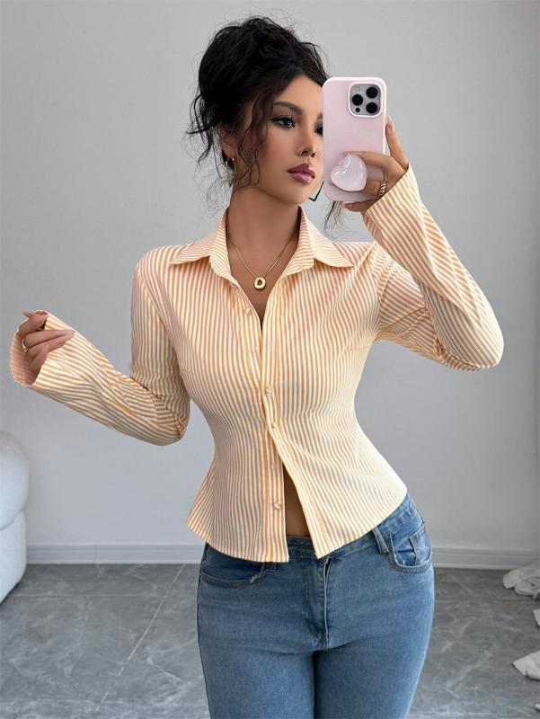 Orange Striped Long Sleeve Single Breasted Casual Women's Fashion T-Skirt