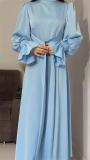 Sky Blue Puff Sleeve Pleated Waist Elegant Women's Evening Party Dress