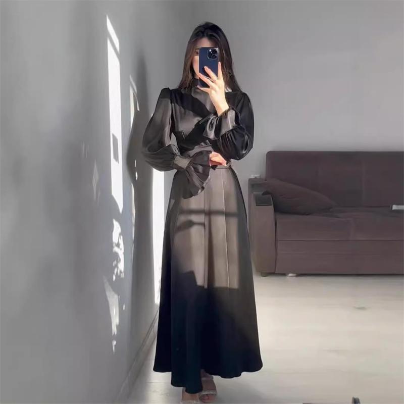 Black Puff Sleeve Pleated Waist Elegant Women's Evening Party Dress