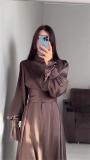 Brown Puff Sleeve Pleated Waist Elegant Women's Evening Party Dress