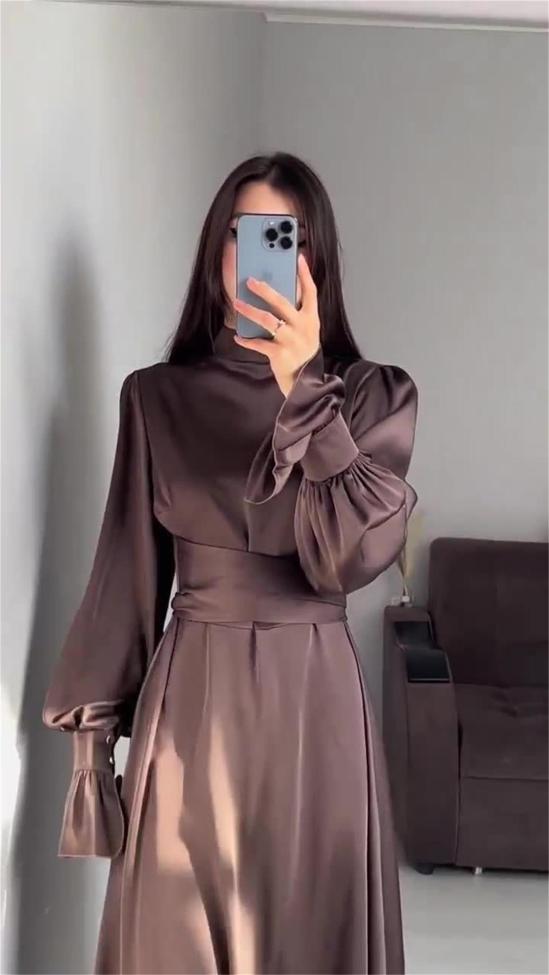 Brown Puff Sleeve Pleated Waist Elegant Women's Evening Party Dress