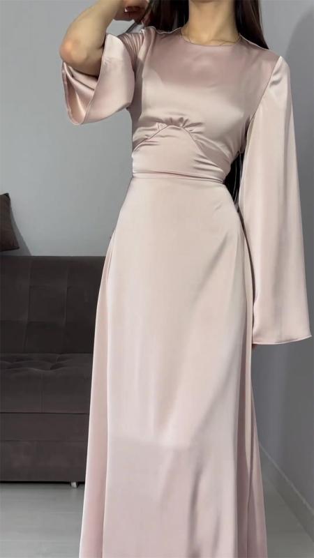 Beige Long Sleeve Solid Color Elegant Women Back Lace Up Fashion Maxi Dress