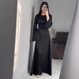 Black Long Sleeve Solid Color Elegant Women Back Lace Up Fashion Maxi Dress