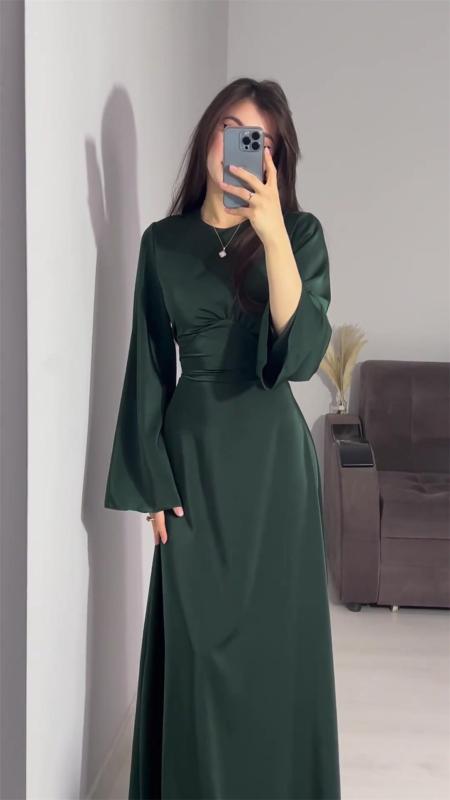 Green Long Sleeve Solid Color Elegant Women Back Lace Up Fashion Maxi Dress
