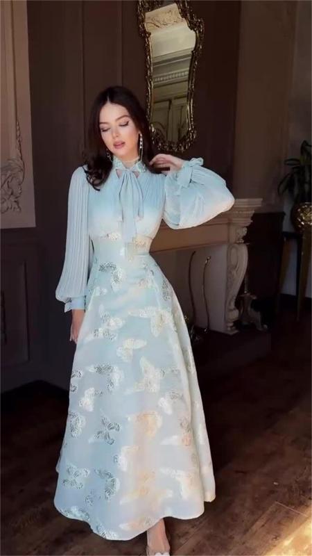 Sky Blue Puff Sleeve Mesh Bodycon Gilding Elegant Formal Long Dress