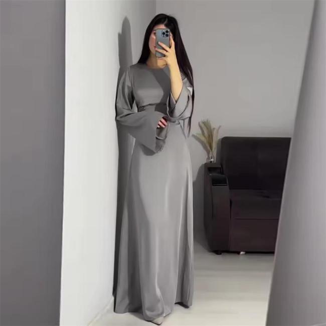 Gray Long Sleeve Solid Color Elegant Women Back Lace Up Fashion Maxi Dress