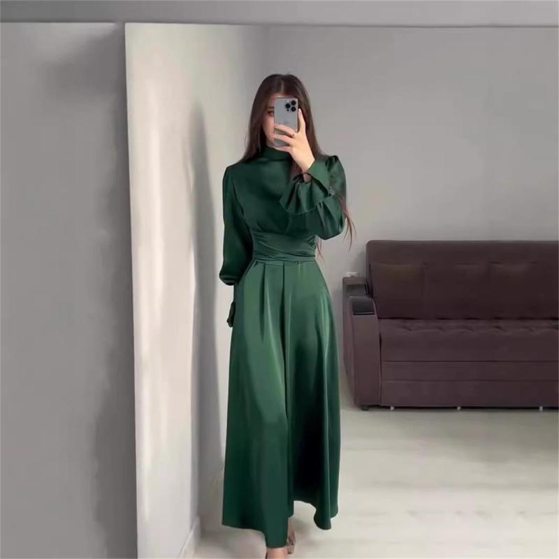 Green Puff Sleeve Pleated Waist Elegant Women's Evening Party Dress