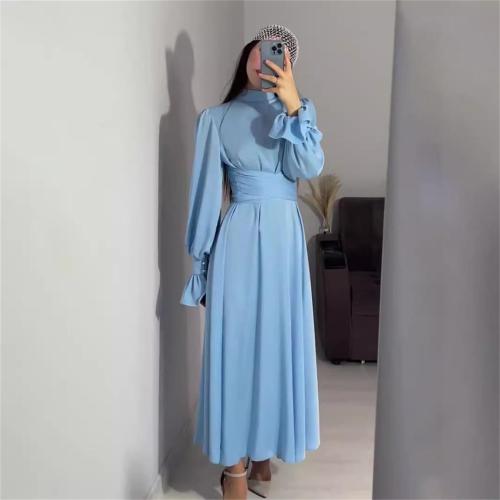 Sky Blue Puff Sleeve Pleated Waist Elegant Women's Evening Party Dress