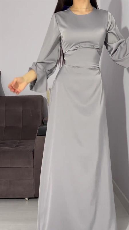 Gray Long Sleeve Solid Color Elegant Women Back Lace Up Fashion Maxi Dress