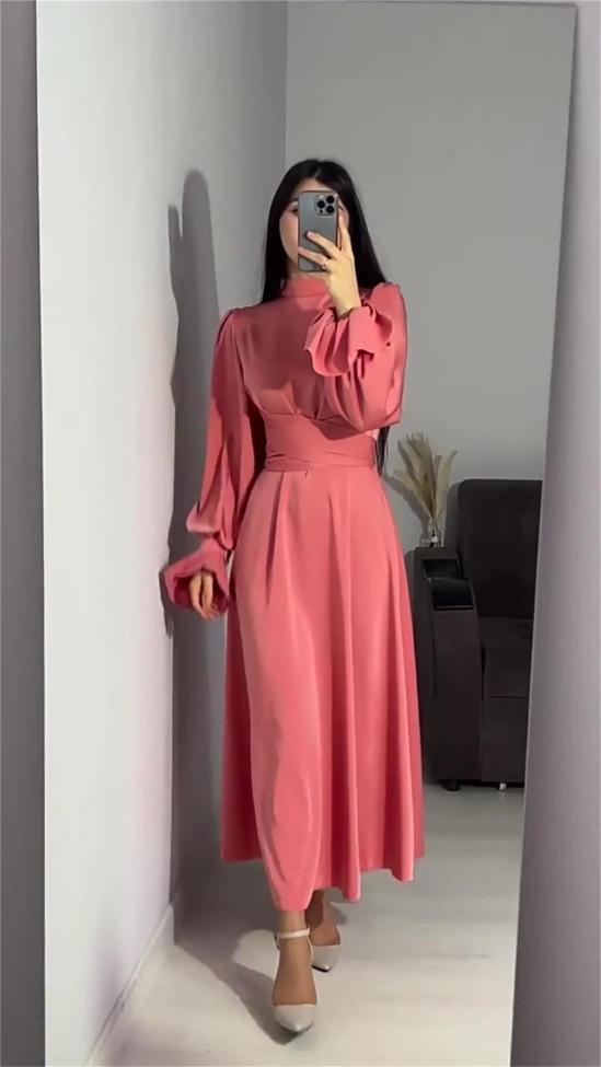 Orange Red Puff Sleeve Pleated Waist Elegant Women's Evening Party Dress