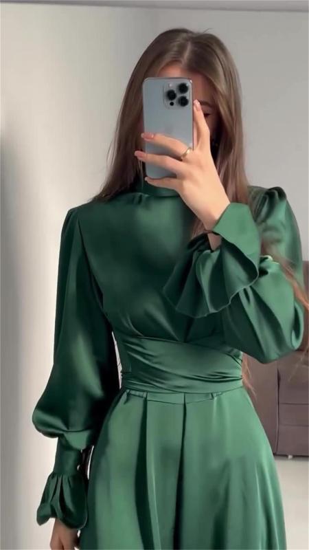 Green Puff Sleeve Pleated Waist Elegant Women's Evening Party Dress