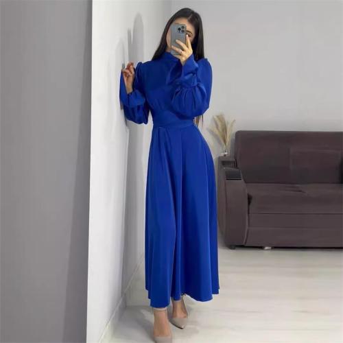 Royal Blue Puff Sleeve Pleated Waist Elegant Women's Evening Party Dress