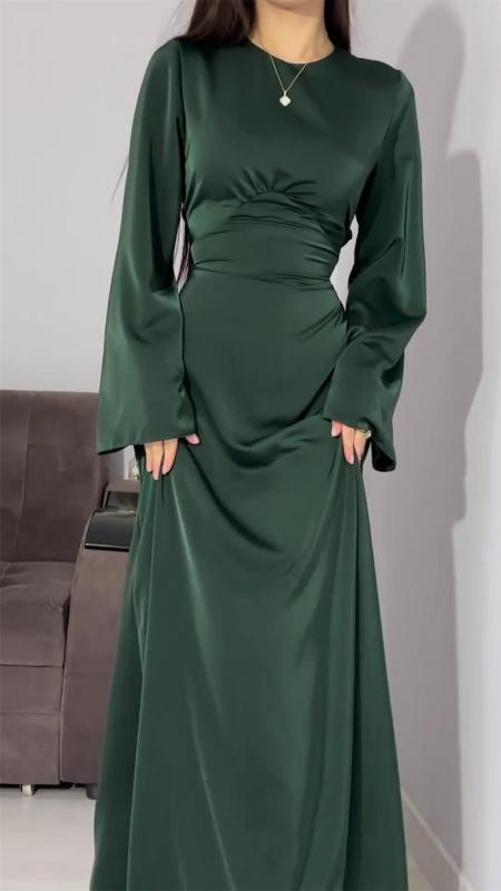 Green Long Sleeve Solid Color Elegant Women Back Lace Up Fashion Maxi Dress