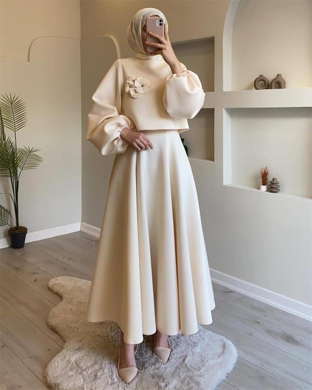 Apricot Autumn New Middle East Dubai Flower Lantern Sleeve Loose Skirt Dress Suits Two-piece Set