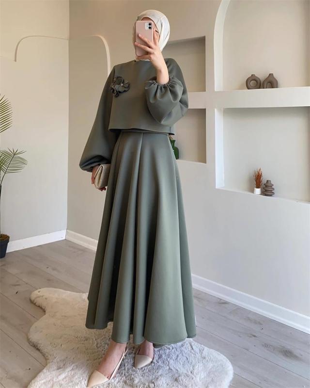 Green Autumn New Middle East Dubai Flower Lantern Sleeve Loose Skirt Dress Suits Two-piece Set