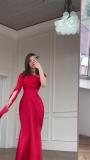 Red Luxury Mesh Stain Cut Out Long Sleeve Pleated Back Lace Up Evening Formal Maxi Dress