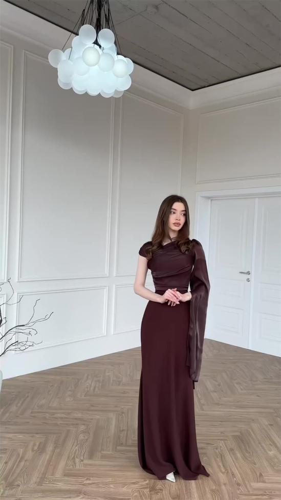 Brown Luxury Mesh Stain Cut Out Long Sleeve Pleated Back Lace Up Evening Formal Maxi Dress