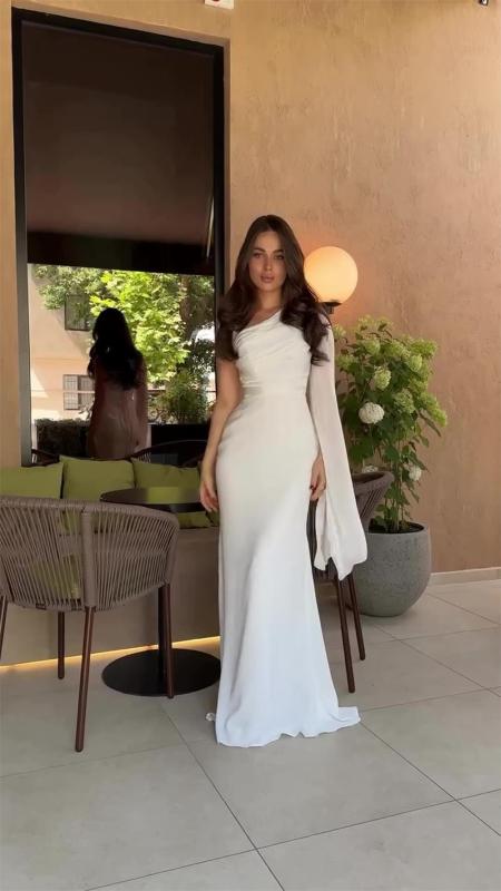 White Luxury Mesh Stain Cut Out Long Sleeve Pleated Back Lace Up Evening Formal Maxi Dress