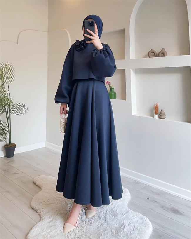 Royal Blue Autumn New Middle East Dubai Flower Lantern Sleeve Loose Skirt Dress Suits Two-piece Set