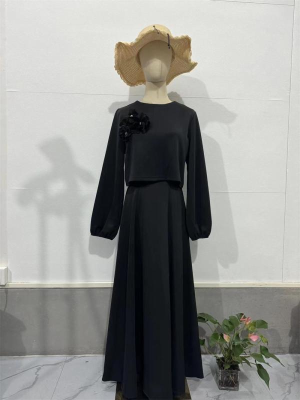 Black Autumn New Middle East Dubai Flower Lantern Sleeve Loose Skirt Dress Suits Two-piece Set