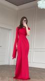 Red Luxury Mesh Stain Cut Out Long Sleeve Pleated Back Lace Up Evening Formal Maxi Dress